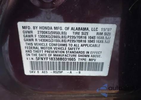 2008 Honda Pilot Se z USA, uszkodzony, nr VIN 5FNYF18338B031665